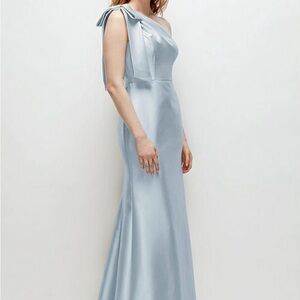 ALFRED SUNG One-Shoulder Satin Gown in Pale Blue Mist